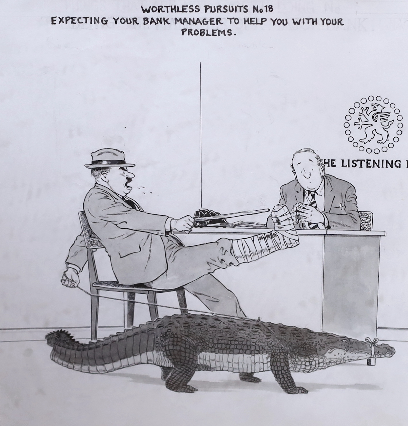 Patrick Wright (b.1945), pen, ink and monochrome watercolour, 'Worthless Pursuits no 18 - Expecting your bank manager to help you with your problems', illustrated Patrick Wright Worthless Pursuits, 1992, Chris Beetles la